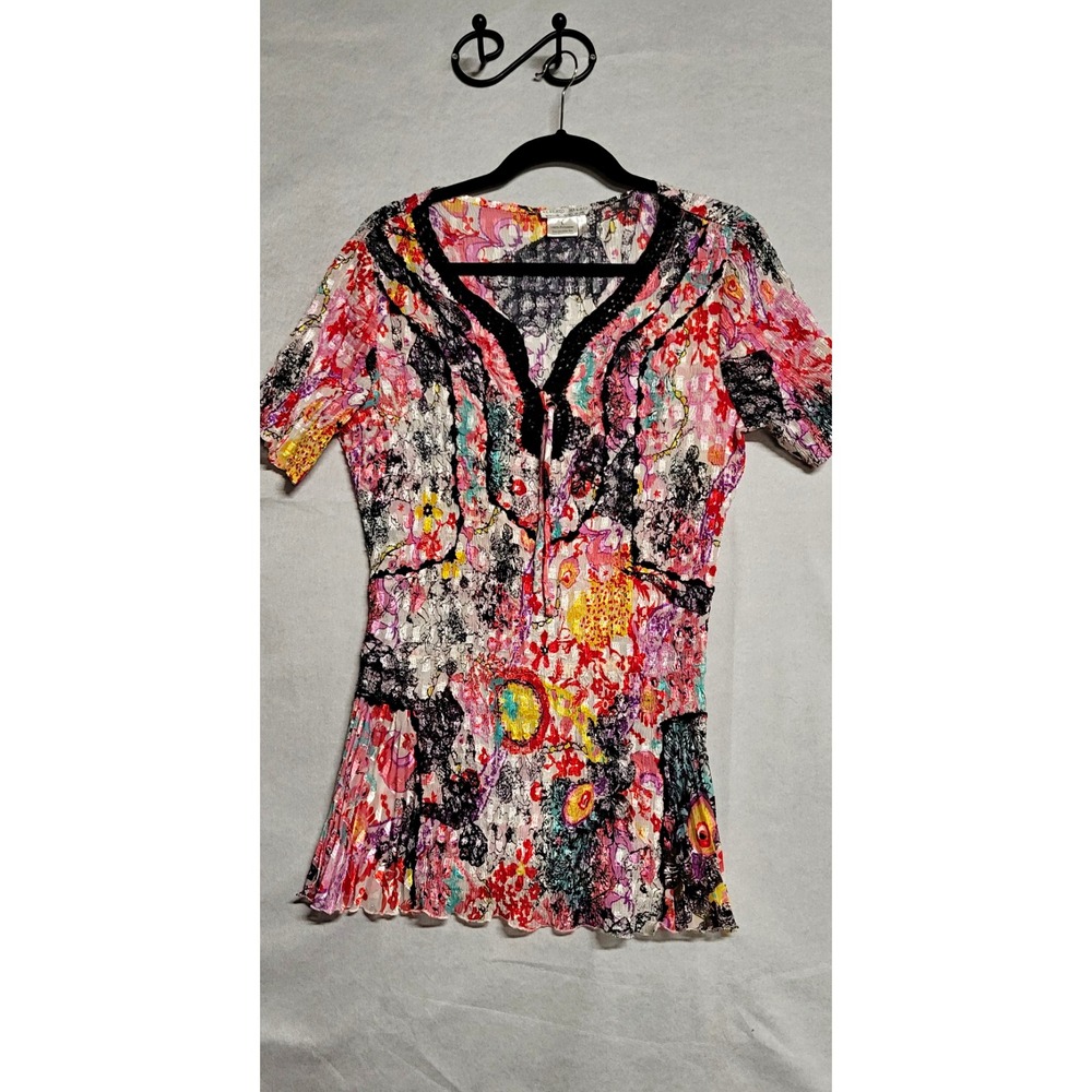 Alberto Makali Multicolor Floral Crinkle SS V-Neck Button Blouse Size L
